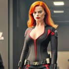 Digital artwork of female superhero with fiery orange hair in black and red bodysuit and armor, standing