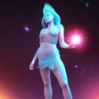 Mystical female figure with glowing orb in cosmic attire