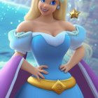 Blonde princess in blue and gold dress with star necklace