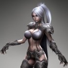 Fantasy female warrior with pointy ears and white hair in elaborate dark armor