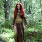 Woman in green and brown armor with staff in mystical forest