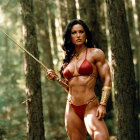 Muscular woman in red bikini costume wields spear in forest