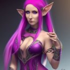 Fantasy elf digital art: purple hair, pointed ears, silver jewelry, lace outfit