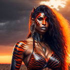 Woman with tiger body paint and orange hair against dramatic sunset sky