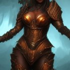 Warrior woman in bronze armor with raven accents.