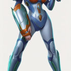 Female character in blue and orange futuristic armor suit with helmet