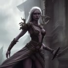 White-haired elf in ornate armor with staff in misty forest