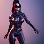 Stylized female character in black leather outfit on pink-purple gradient background