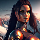 Female warrior in futuristic armor against snowy mountains and fiery sunset.