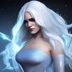 Fantasy character with white hair, blue eyes, and shimmering armor on starry background