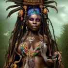 Digital artwork featuring woman in tribal attire in forest