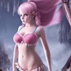 3D illustration of female character with pink hair and blue eyes in fantasy attire against mystical landscape