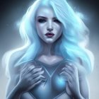 Fantasy illustration of woman with blue eyes and white hair in frost armor