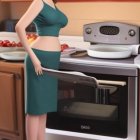 Illustration of woman in retro green dress by vintage oven in cozy kitchen