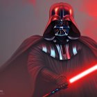 Person in Darth Vader costume with red lightsaber on dramatic red background