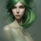 Fantasy illustration of woman with green eyes, wavy hair, leafy adornments & nature-themed