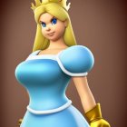 Princess Peach 3D illustration with golden crown and blue dress