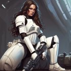 Female cyborg with long brown hair in white armor holding futuristic gun in high-tech corridor.