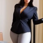 Digital artwork: Woman with long black hair, black blazer, grey skirt, office setting