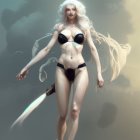 Fantasy female character with white hair and glowing staff in black lingerie