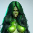 Detailed 3D illustration of woman with green skin and emerald hair