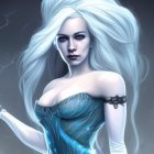 Fantasy digital artwork of ice queen with white hair and blue gown