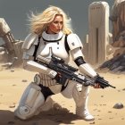 Blonde Woman in Futuristic White Armor with Large Gun in Desert Setting