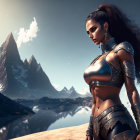 Female warrior in fantasy armor in desert landscape with mountains, river, and sunset sky