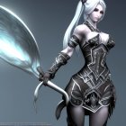 Silver-haired female fantasy warrior in ornate armor with a curved blade