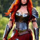 Medieval armor-clad woman with vibrant red hair in intense gaze.