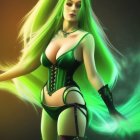 Fantasy-style digital art of woman with glowing green hair and dark corset