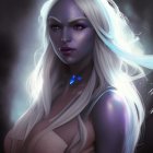 Ethereal female figure with blue eyes, luminescent markings, white hair in dark forest