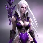 Fantasy character with white hair, pointed ears, purple armor