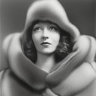 Monochromatic portrait of woman in fur coat with elegant hair waves