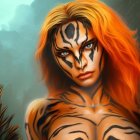 Digital Artwork: Woman with Tiger Face Paint and Orange Hair in Forest Setting