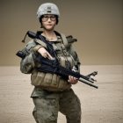 Camouflaged soldier with rifle in desert landscape