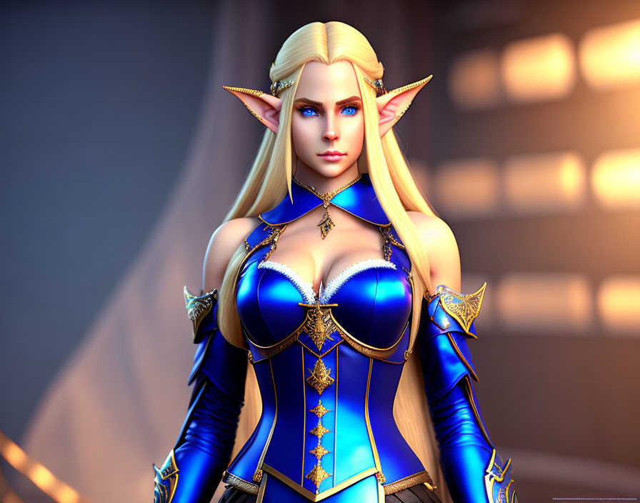 Fantasy digital art: Blonde elf woman in blue & gold armor