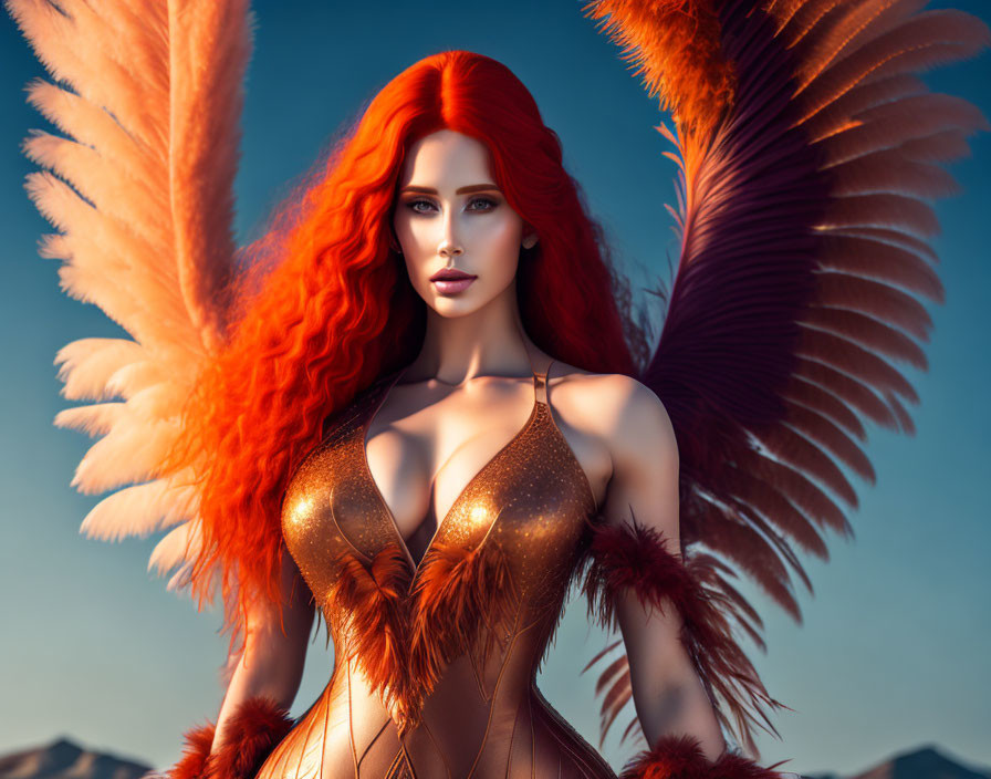 Vibrant red-haired woman with majestic orange wings in digital artwork