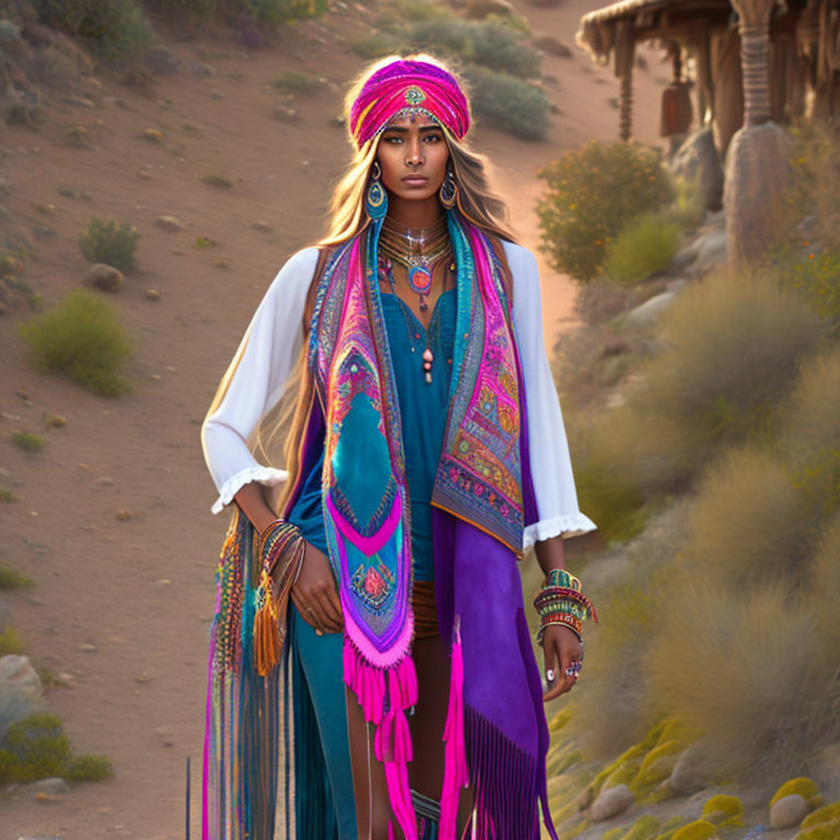 Traditional Attire Woman with Layered Jewelry in Desert Setting at Dusk