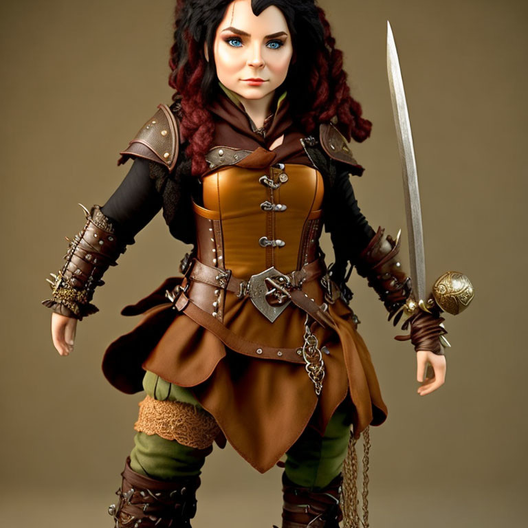 Fantasy female warrior collectible figure in brown leather armor with sword