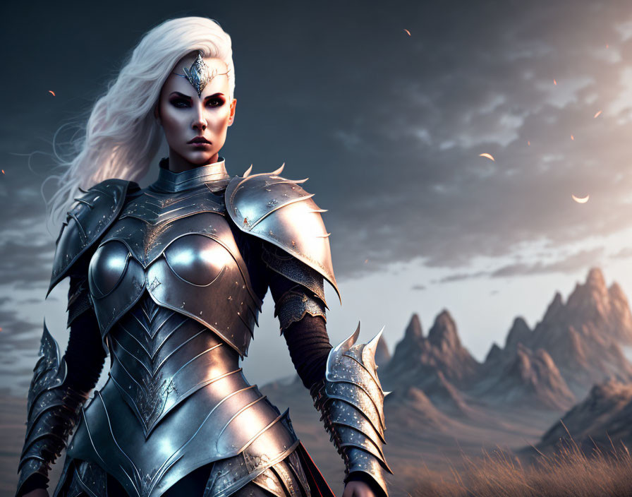 White-haired warrior woman in ornate armor under dramatic sky