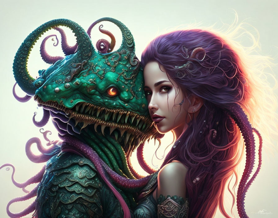 Purple-haired woman embraces green creature with tentacles and horns