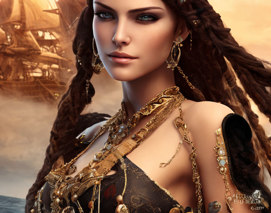 Digital artwork of woman with blue eyes and gold jewelry against ship backdrop