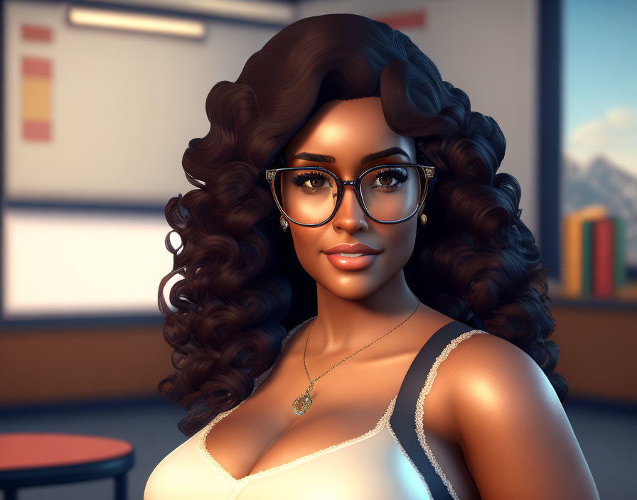 Curly-Haired Woman with Glasses in Classroom Setting