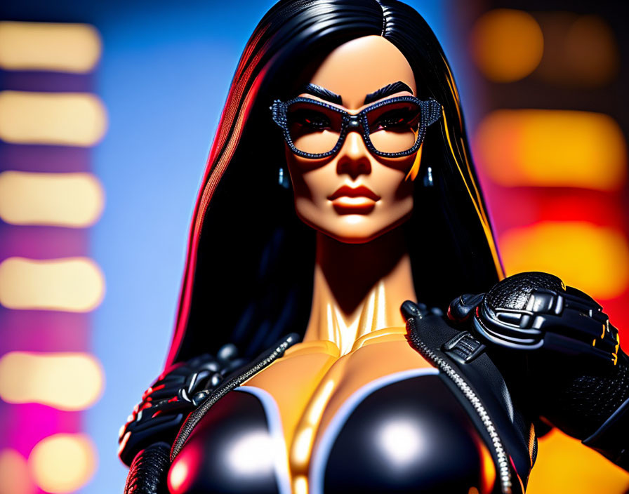 Stylized female action figure with dark hair and glasses against vibrant blurred lights