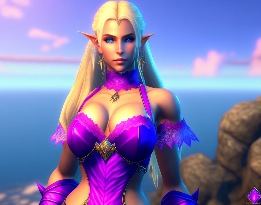 Fantasy digital artwork: Blonde elf in purple attire against blue skies & water