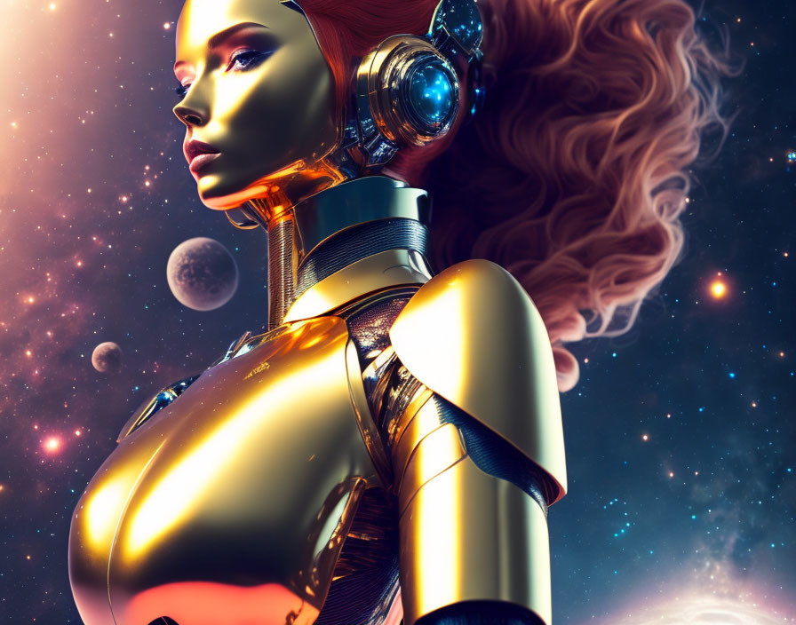 Golden female android with red face and intricate headgear in cosmic setting