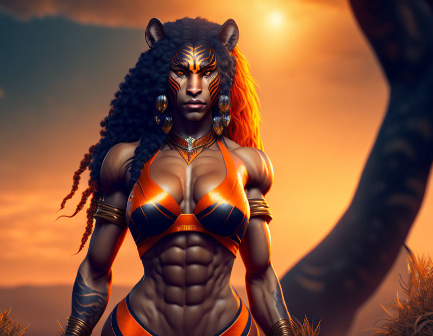 Muscular woman with tiger-like features in orange and black costume on savannah at sunset