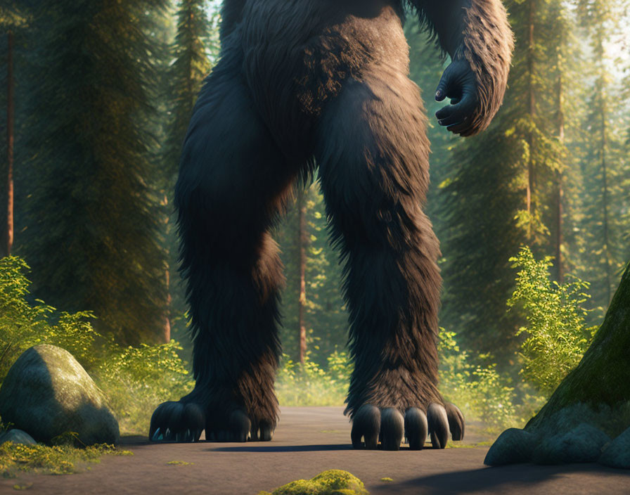 Large Furry Creature with Massive Feet in Forest Setting