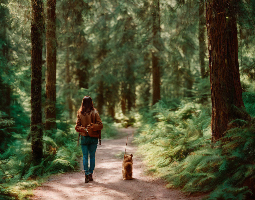 Person walking small dog on leash in serene forest with tall trees and green ferns